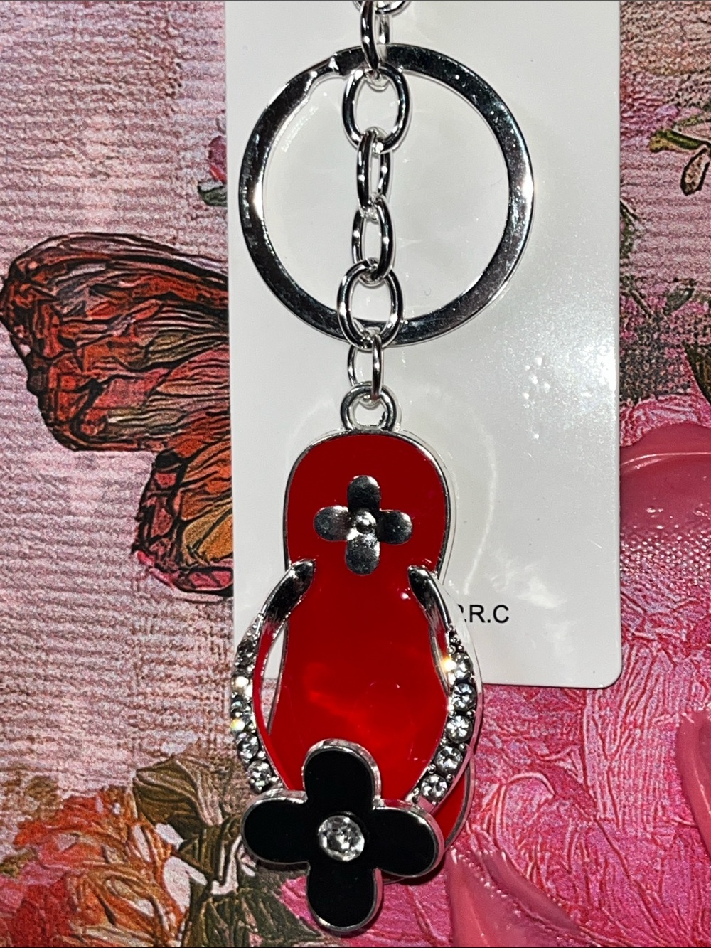 Red Floral Flip-Flop Keychain with Crystal Accent